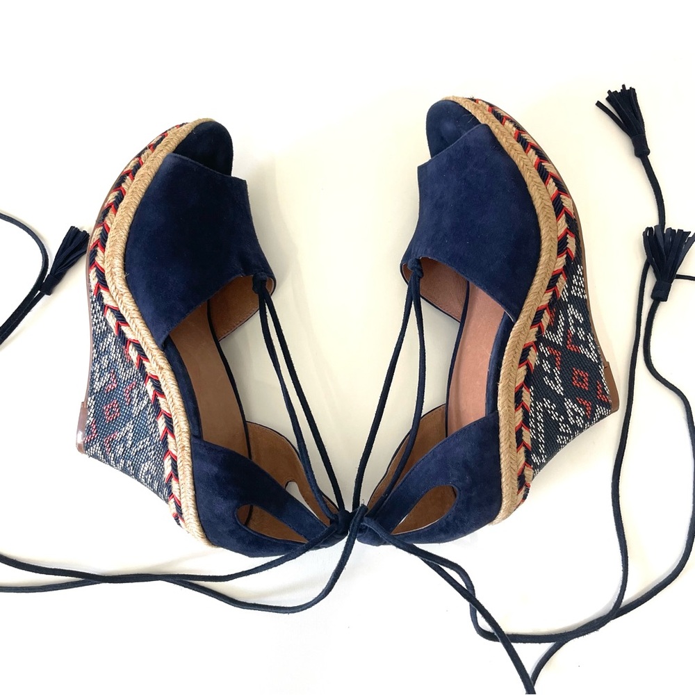 CAbi Navy Suede Espadrille Wedge Sandals with Ankle Tassel, size 6